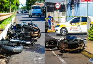 Motociclista ‘fura’ sinal, bate em outra moto e fica em estado grave