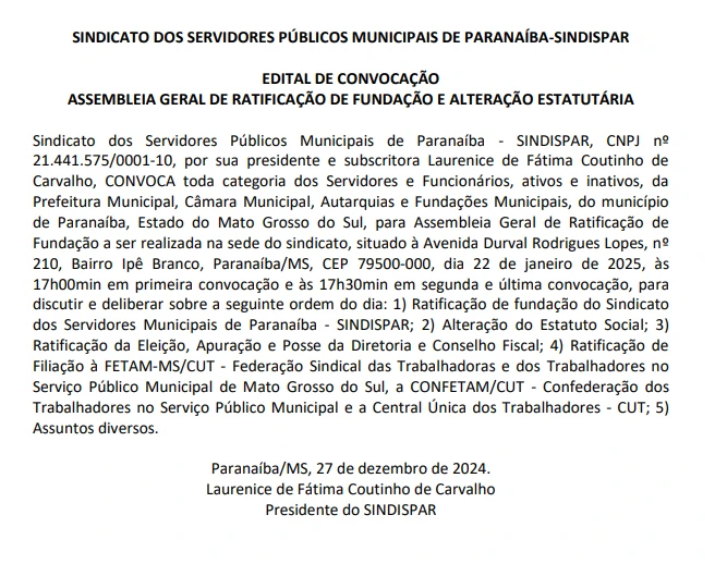 SINDISPAR - EDITAL de convocação assembleia geral de ratificação de fundação e alteração estatutária