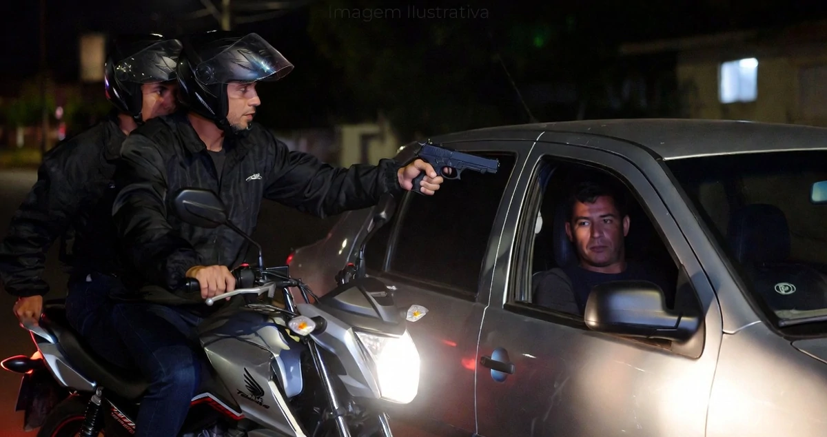 dois homens armados em uma moto, apontando uma pistola para o motorista de um carro