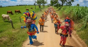 folia de santo reis, com foliões caminhando por uma estrada rural
