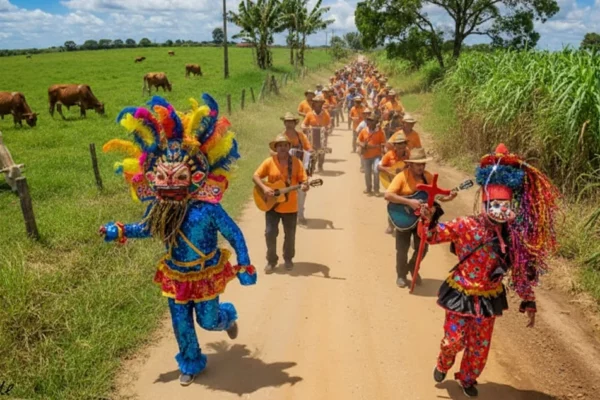 folia de santo reis, com foliões caminhando por uma estrada rural