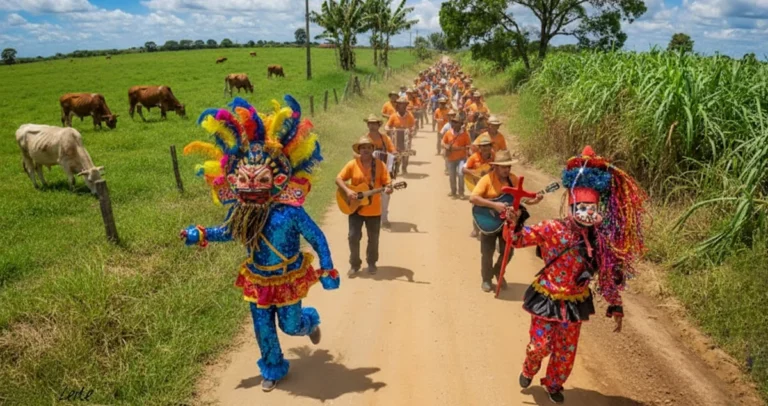 folia de santo reis, com foliões caminhando por uma estrada rural
