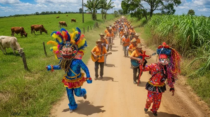 folia de santo reis, com foliões caminhando por uma estrada rural