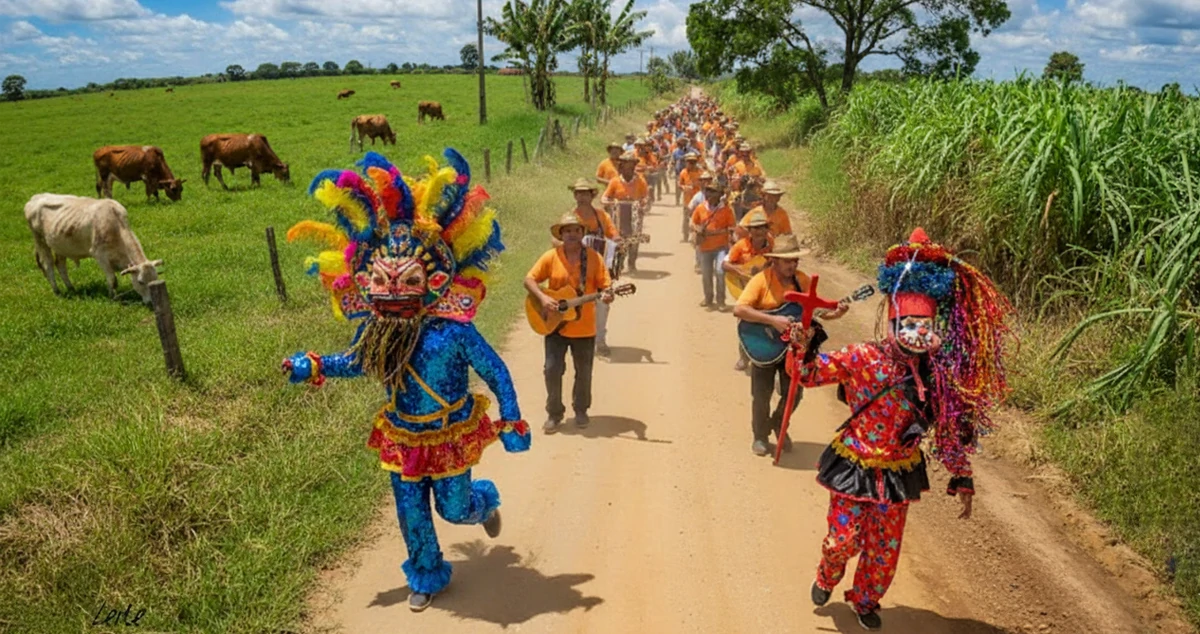 folia de santo reis, com foliões caminhando por uma estrada rural