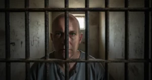 Foto em close de um homem olhando através das grades de uma prisão