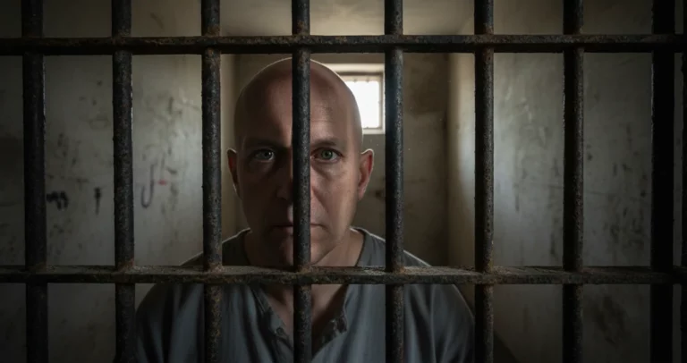 Foto em close de um homem olhando através das grades de uma prisão