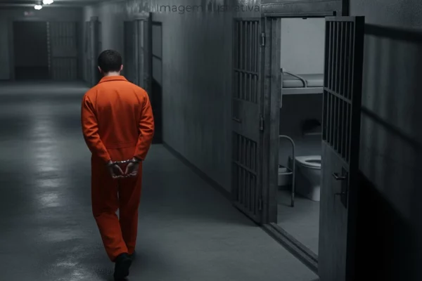 Homem caminhando por um corredor de prisão com as mãos agemas