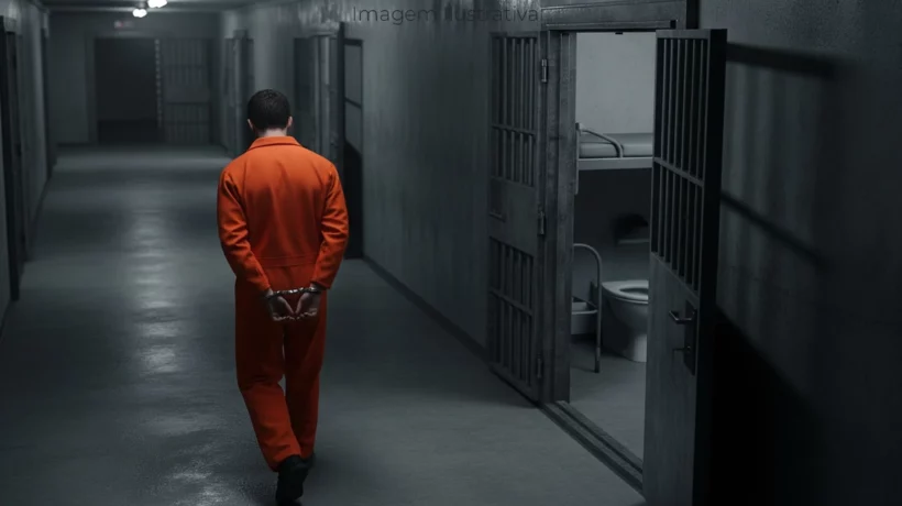 Homem caminhando por um corredor de prisão com as mãos agemas