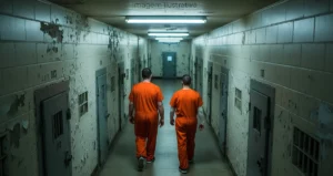 imagem em ângulo superior de dois prisioneiros vistos de costas em uma prisão