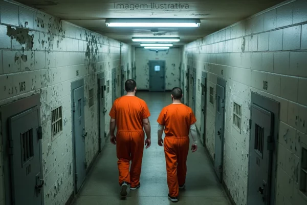 imagem em ângulo superior de dois prisioneiros vistos de costas em uma prisão