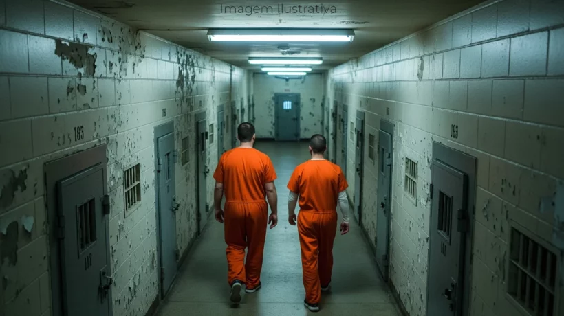 imagem em ângulo superior de dois prisioneiros vistos de costas em uma prisão