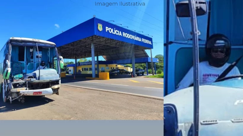 foto de um o^nibus destruído em frente a base da PF em Paranaíba na BR-158