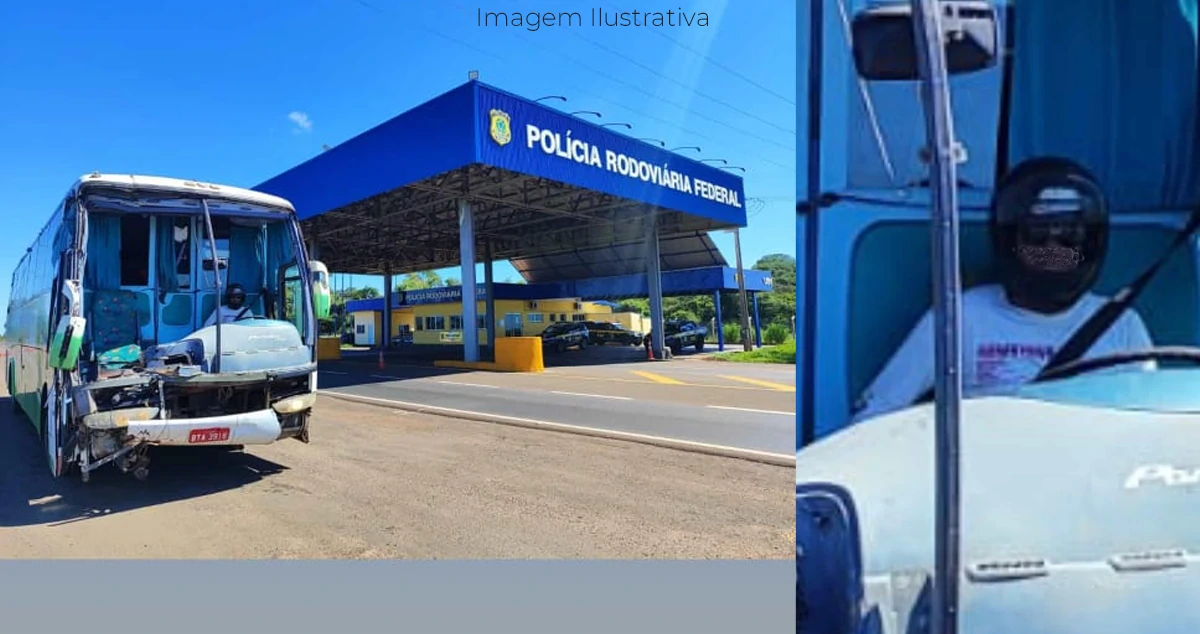 foto de um o^nibus destruído em frente a base da PF em Paranaíba na BR-158