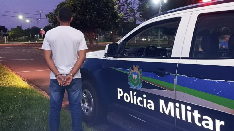 Homem algemado ao lado de uma viatura da policia militar de PAranaíba no espelho dágua