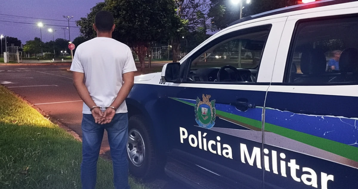 Homem algemado ao lado de uma viatura da policia militar de PAranaíba no espelho dágua