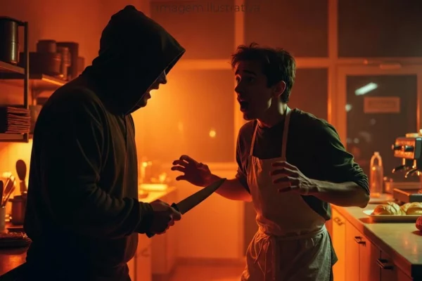 assaltante armado com faca rendendo funcionário de uma padaria