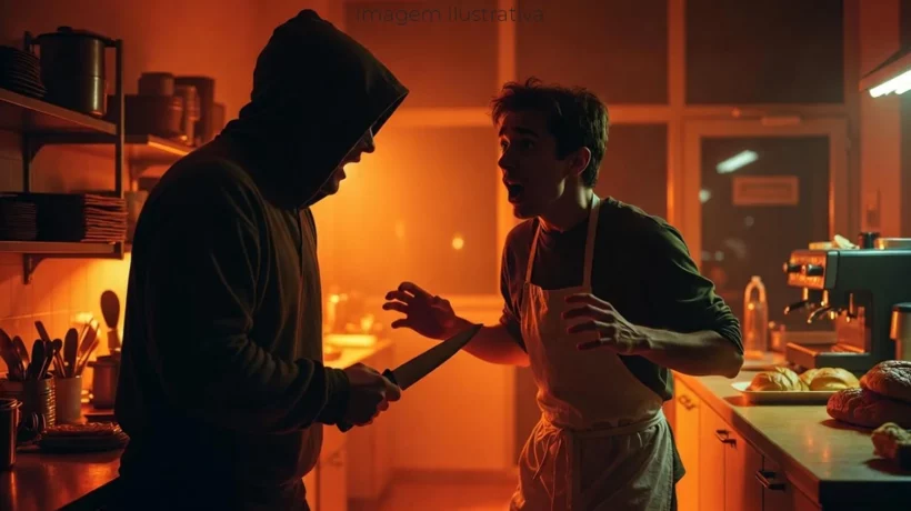 assaltante armado com faca rendendo funcionário de uma padaria