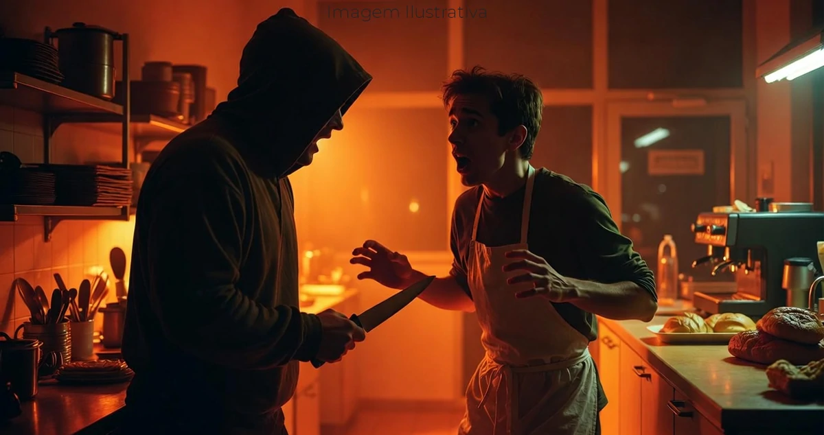 assaltante armado com faca rendendo funcionário de uma padaria