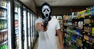 homem armado usando máscara do pânico