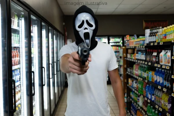 homem armado usando máscara do pânico