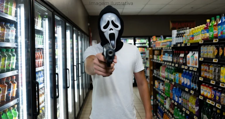 homem armado usando máscara do pânico