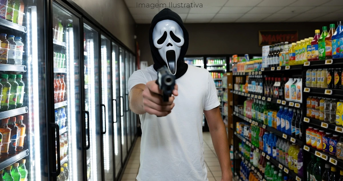 homem armado usando máscara do pânico