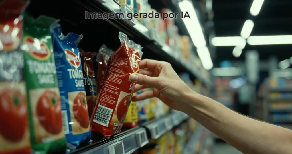 foto de uma mulher pegando molho de tomate em um supermercado