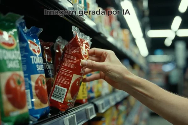 foto de uma mulher pegando molho de tomate em um supermercado