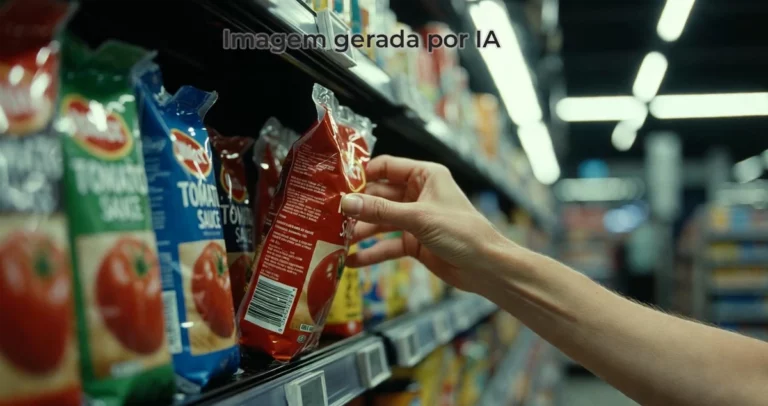 foto de uma mulher pegando molho de tomate em um supermercado