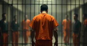 prisioneiro caminhando por um corredor de um presídio