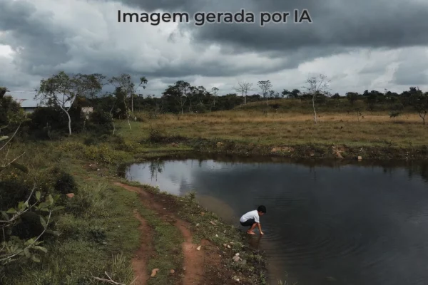 criança brincando a beira de um açude