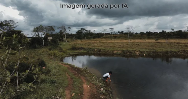 criança brincando a beira de um açude