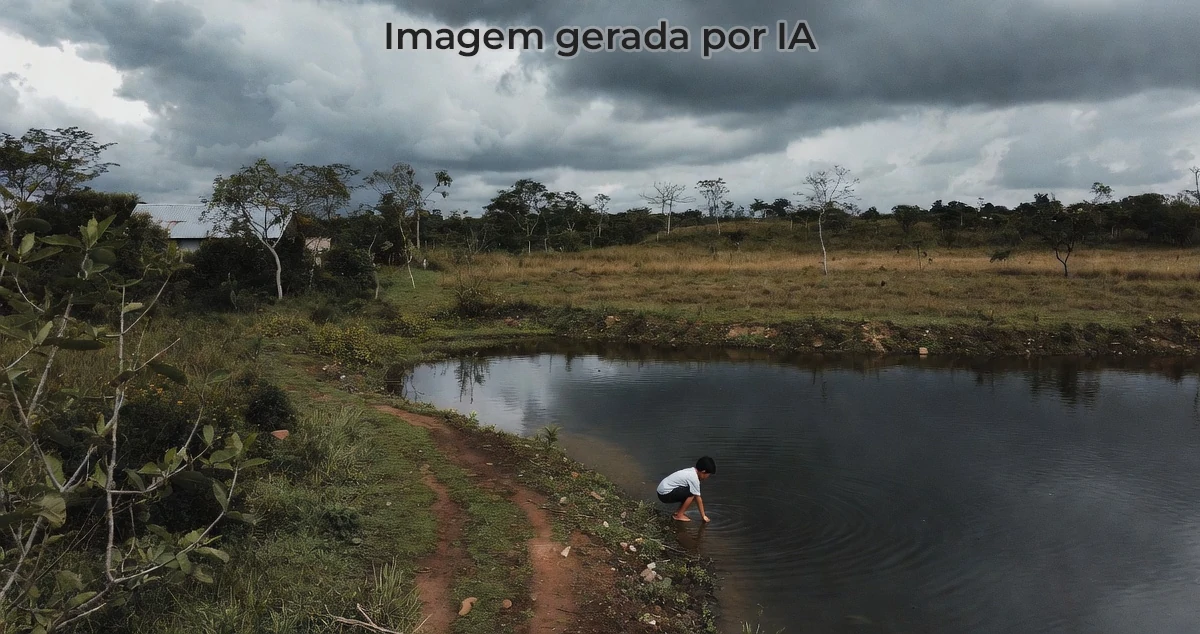 criança brincando a beira de um açude