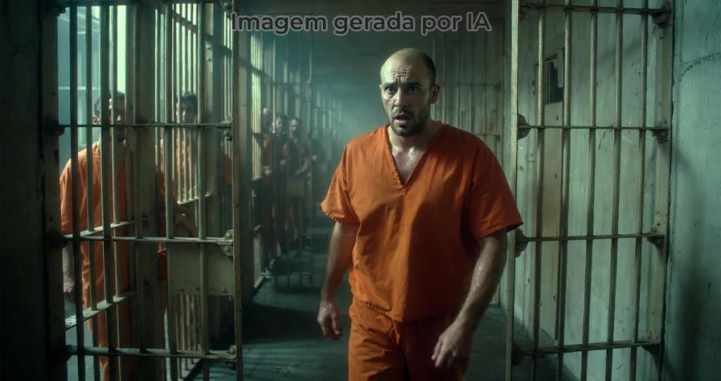 detento caminhando por um corredor de uma prisão