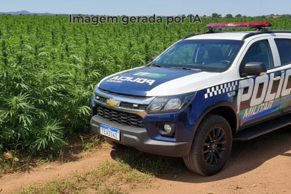 Imagem de uma viatura da PMMS em frente a uma plantação de maconha