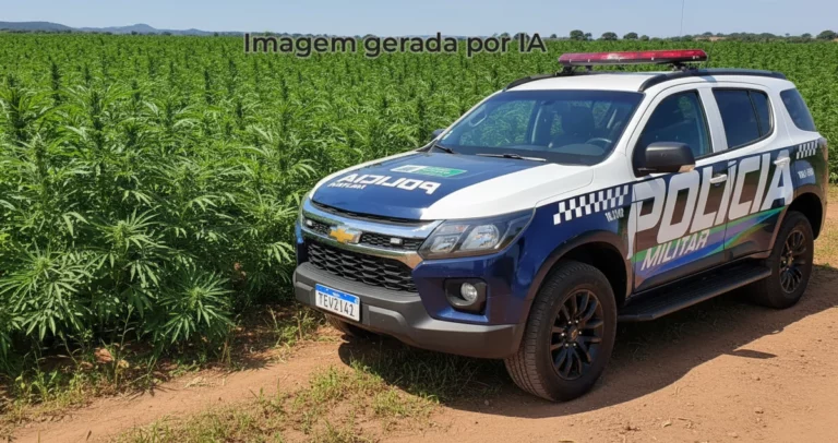 Imagem de uma viatura da PMMS em frente a uma plantação de maconha