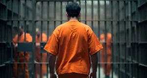 Homem caminhando por um corredor de prisão