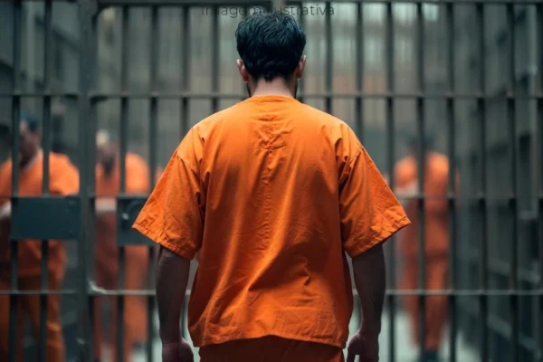 Homem caminhando por um corredor de prisão