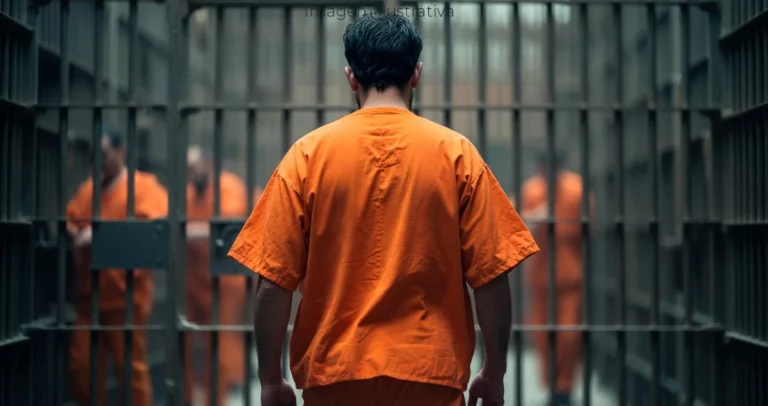 Homem caminhando por um corredor de prisão