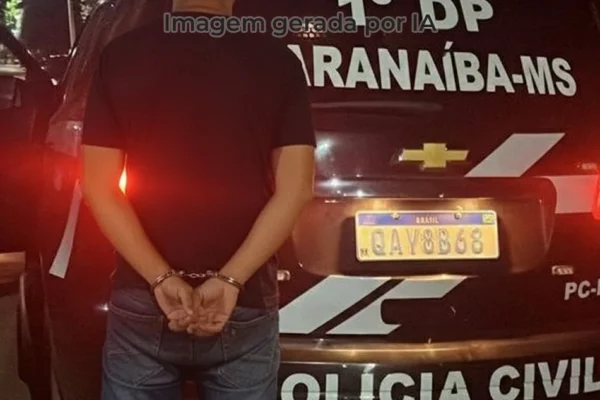 homem algemado em frente a uma viatura da Polícia Civil de Paranaíba-MS