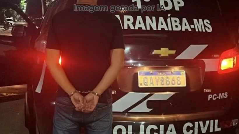 homem algemado em frente a uma viatura da Polícia Civil de Paranaíba-MS