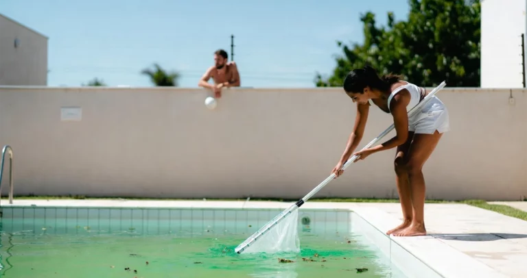 Foto de uma mulher limpando a piscina e vizinho ao fundo olhando