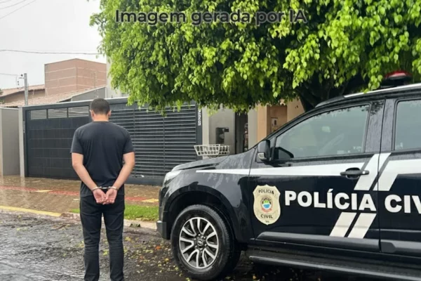 homem algemado em frente a viatura da polícia de MS