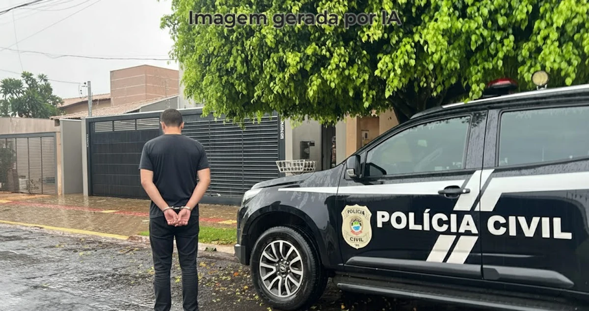 homem algemado em frente a viatura da polícia de MS