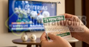 mulher segurndo bilhete da mega-sena em frente a tv durante o sorteio