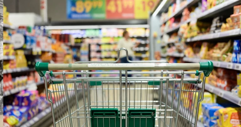 Carrinho de supermercado em corredor com prateleiras cheias de alimentos e preços ao fundo, representando inflação e aumento do custo de vida.