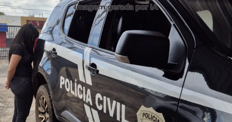 mulher presa ao lado de viatura da Polícia Civil de Paranaíba