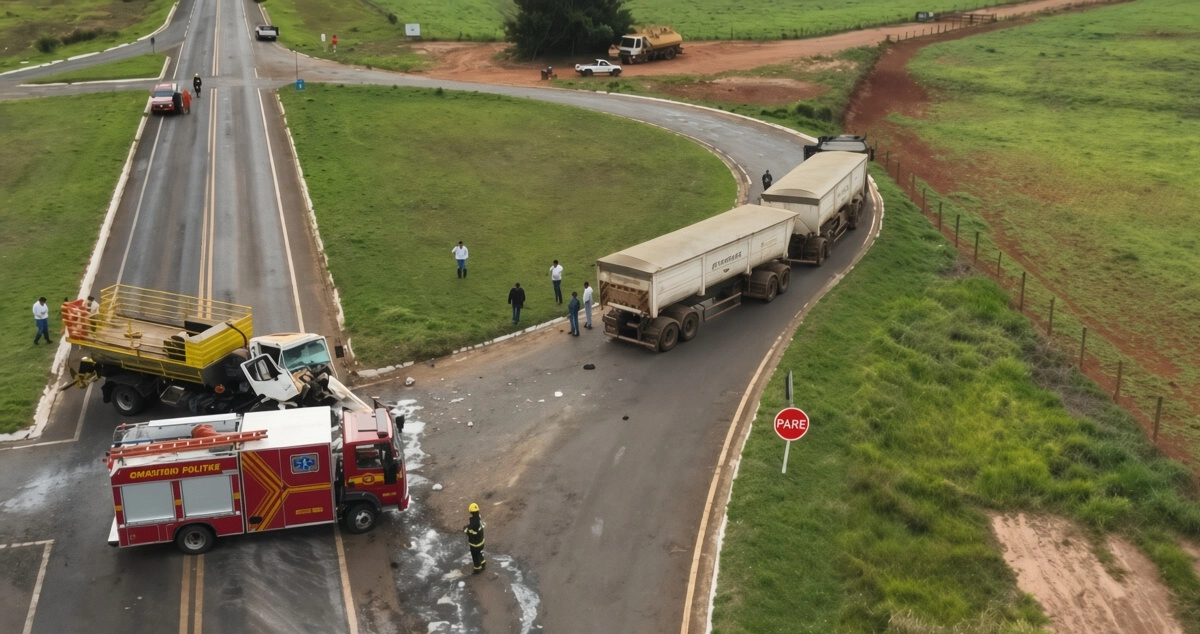 Motorista fica preso às ferragens após colisão entre caminhão e carreta