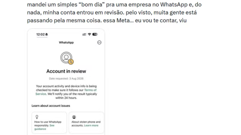 Usuários do WhatsApp relatam conta bloqueada pela plataforma sem explicação