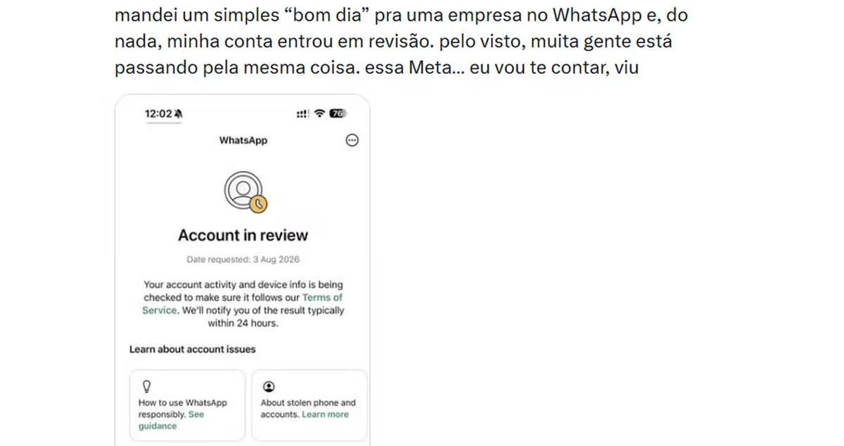 Usuários do WhatsApp relatam conta bloqueada pela plataforma sem explicação